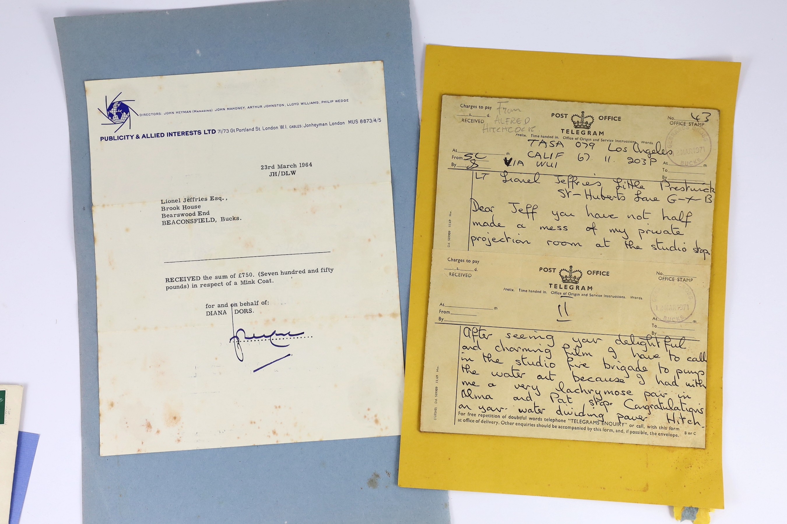 A collection of 13 autograph letters and telegrams to Lionel Jeffries, from 20th century film and theatre celebrities, consisting